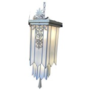 IQ4038 LARGE ART DECO GEOMETRIC LEADED GLASS CHANDELIER WITH FAN TOP